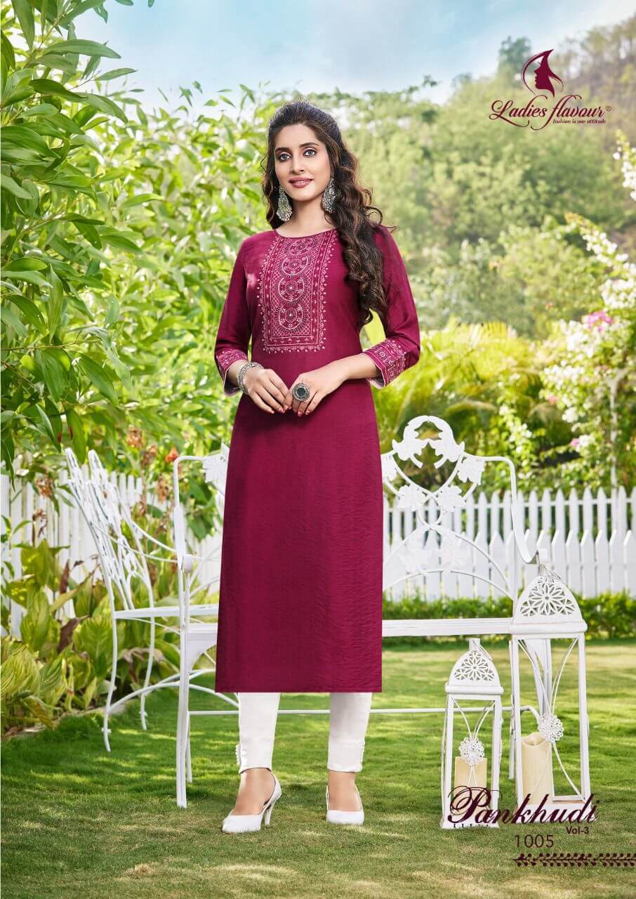 Ladies Flavour Pankhudi vol 3 Embroidery Work Kurti Catalog in Wholesale, Buy Ladies Flavour Pankhudi vol 3 Embroidery Work Kurtis Full Catalog in Wholesale Price Online from Vadodara, Gujarat